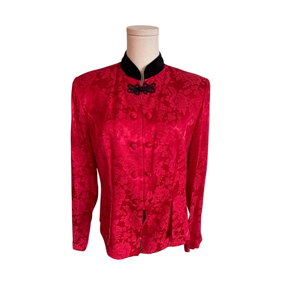 Vintage Red Floral Jacquard Mandarin Collar Blazer Frog Closure Jacket Womens 10